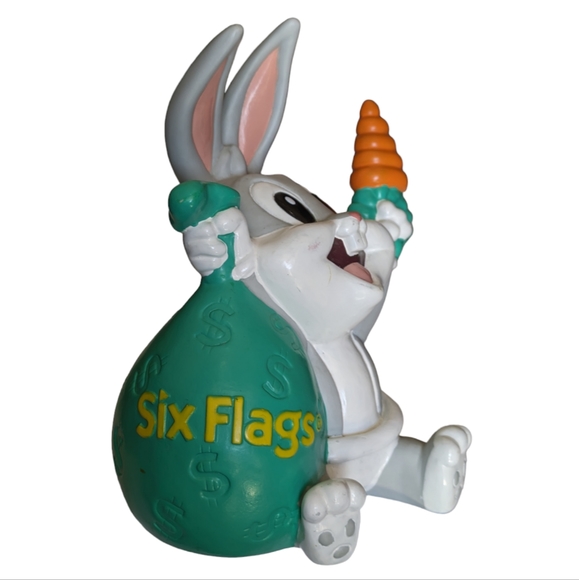 1996 Baby Bugs Bunny with Carrot and Six Flags Money Bag Piggy Bank with Stopper - Picture 2 of 13